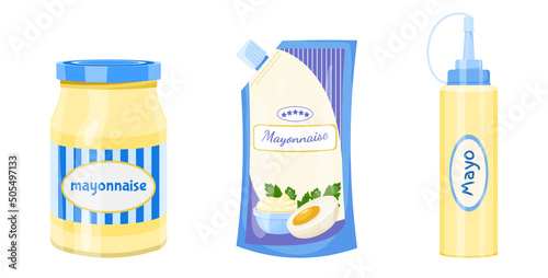 Cartoon set of bottle, jar and bag with mayonnaise. Bottle with cheese sauce. Plastic pack. Vector jar isolated on a white background for games, banner and menu fast food restaurants.