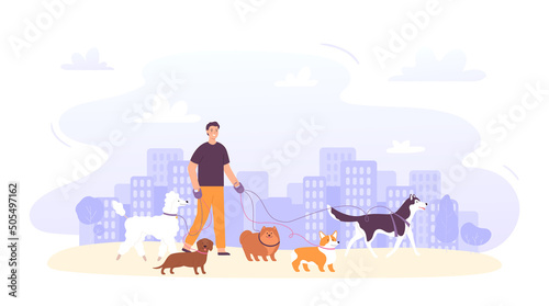 Dog sitter job outdoor. Male character with group of dogs on leash of different breeds in city. Pet care service photo