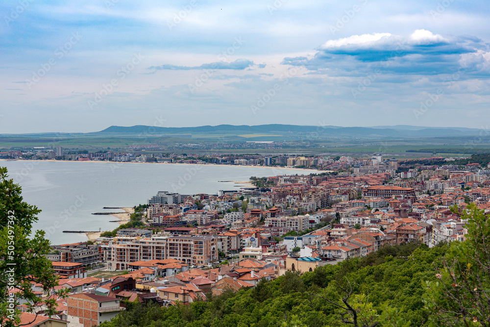 Beautiful view from the mountain on the coast of a resort town in Bulgaria