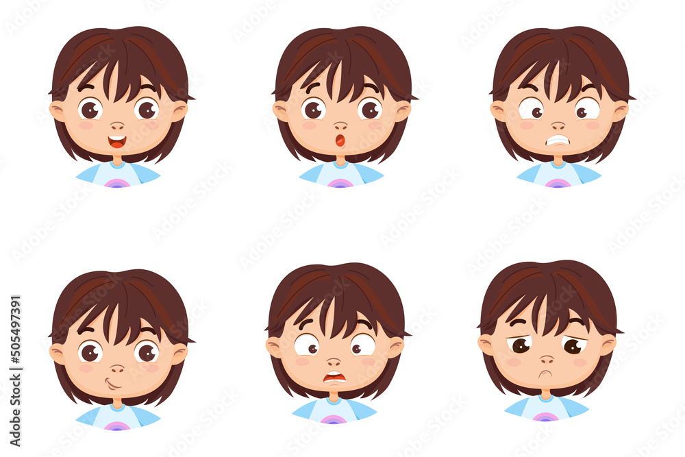 Set of the face of a cute girl in different emotions. Anger, happy, fear, sadness, surprise, smile. Vector cartoon illustration isolated on a white background.