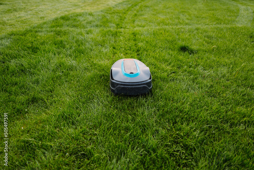 Automatic Lawn mower at garden. Copyspace. Banner photo