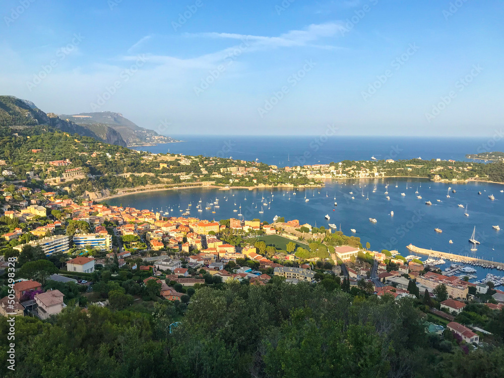 Villefranche Sur Mer and Saint Jean Cap Ferrat aerial panoramic view, South of France.