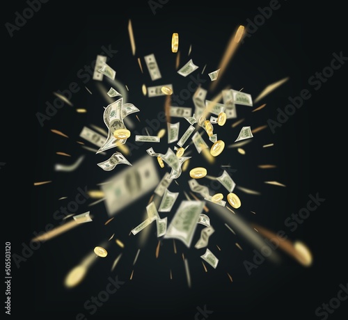 Dollar paper currency explosion . Win money prizes vector banner. Gambling advertising illustration.