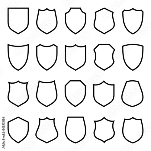 Set of various vintage shield icons. Black heraldic shields. Protection and security symbol, label. Line art. Vector illustration.