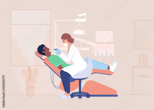 Professional dentist examining client teeth at appointment flat color vector illustration. Doctor and patient in clinic 2D simple cartoon characters with hospital interior on background