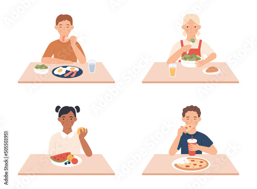 Kids eating. Boys and girls sitting at table and having breakfast. Happy little female and male characters eating different food