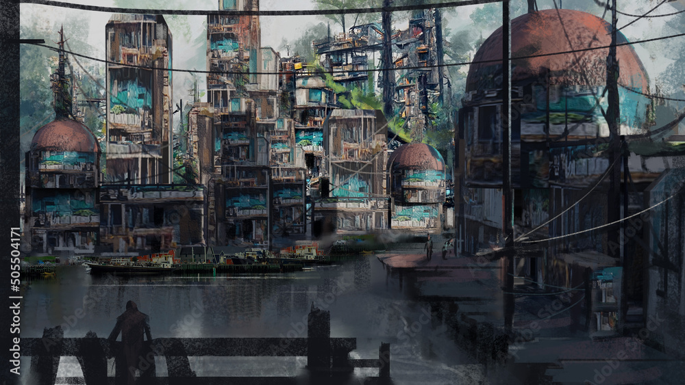 Digital painting of an abstract sci-fi fishing village concept art for games and movies - fantasy illustration