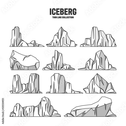 Various floating icebergs. Drifting arctic glacier, block of frozen ocean water. Icy mountains with snow. Melting ice peak. Antarctic snowy landscape. Outline drawing, sketch. Vector illustration