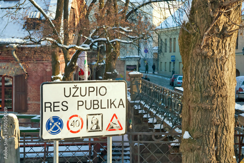 Lithuania - Vilnius - Road sign at the border of the unadmitted republic of Uzupis located in Vilnius old town's district Senamiestis photo