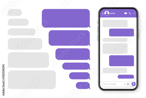 Realistic smartphone with messaging app. Blank SMS text frame. Conversation chat screen with violet message bubbles. Social media application. Vector illustration.