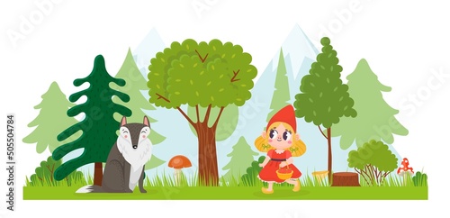 Fototapeta Naklejka Na Ścianę i Meble -  Little Red Riding Hood. Girl walking with basket in forest. Wolf animal sitting among trees. Fairytale with happy child