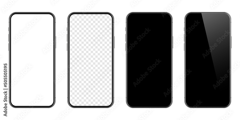 Realistic smartphone with blank touch screen isolated on white background. Frameless mobile phone in front view. High quality detailed device mockup. Vector illustration. Realistic smartphone with blank touch screen isolated on white background. Frameless mobile phone in front view. High quality detailed device mockup. Vector illustration.