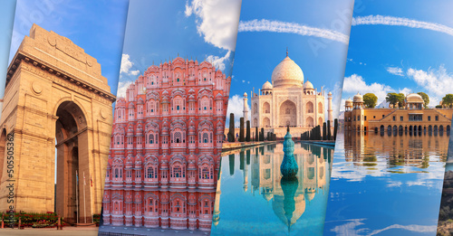 Gate of India, Hawa Mahal, Taj Mahal and Jal Mahal in one collage of India photo