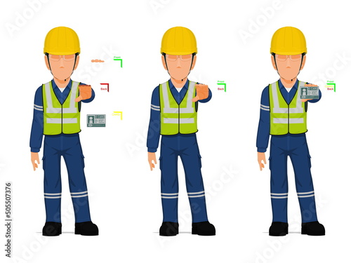 set of industrial worker is presenting a card
