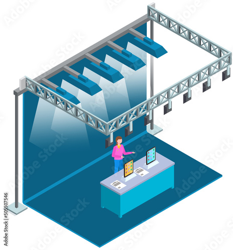 Exhibition, presentation of new product, modern technology. Isometric composition with woman promoter conducting presentation near promotion stand. Advertising pavilion with lighting and backgroung