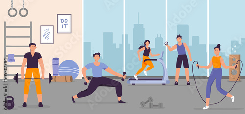 People in gym. Man and woman exercising on training apparatus, doing different sport activities. Male characters having workout