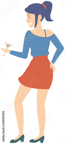 Young beautiful girl with martini at party, Full height portrait of pretty woman dancing and having fun. Lady while dancing with alcohol cocktail. Dance, entertainment, recreation in nightclub