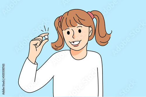 Smiling little girl hold in hands first baby tooth. Happy small kid demonstrate milk tooth missing in mouth. Children oral care and dentistry concept. Vector illustration. 