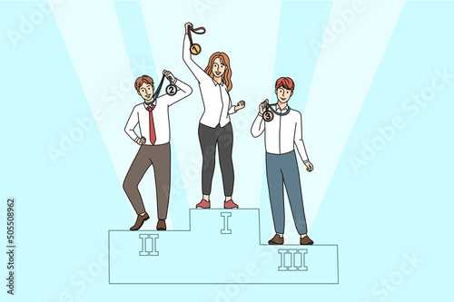 Smiling confident businesswoman show medal stand on pedestal, colleagues aside. Happy woman leader win first place. Female winner on podium. Victory and celebration. Vector illustration. 