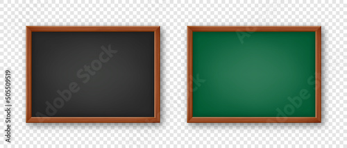 Realistic blank chalkboard in a wooden frame. School blackboard with traces of chalk, writing surface for text or drawing. Presentation board, online studying and e-learning. Vector illustration