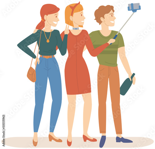 Group of friends taking selfie photo with smartphone. Young people having fun and making selfie. Friendship and technology concept. Cartoon characters with phone on monopod posing for joint photo