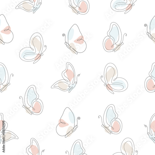 Butterflies flying line art seamless pattern. Continuous one line drawing butterflies insects with pastel color shapes. Vector isolated on white.