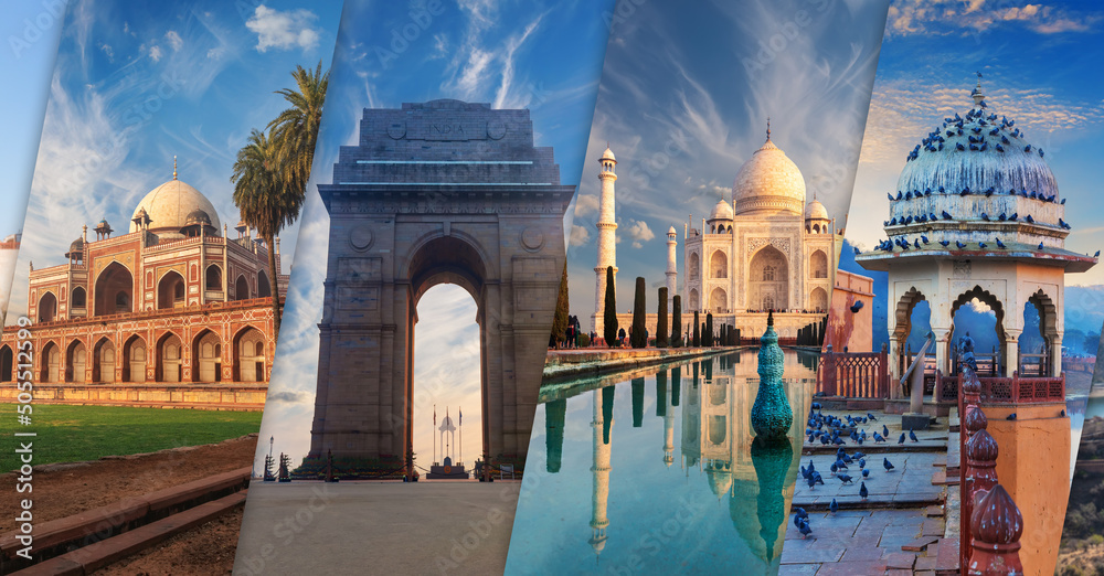 Humayun's Tomb, India Gate, Taj   Mahal and Amber Fort pavilion, most famous places of India in collage - obrazy, fototapety, plakaty 