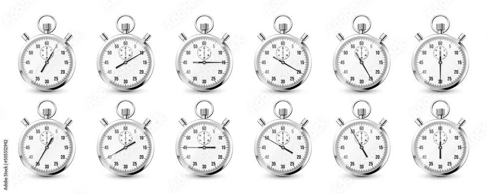 Realistic classic stopwatch icons. Shiny metal chronometer, time counter with dial. Countdown timer showing minutes and seconds. Time measurement for sport, start and finish. Vector illustration