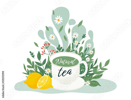 Tea drink concept. White cup with organic tea. Cartoon mug with herbs and chamomile and lemon. Breakfast time