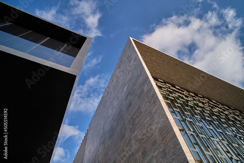 Low Angle Architectural Shot Of Ataturk Cultural Center (Ataturk Kultur Merkezi - AKM), Istanbul, Turkey photo