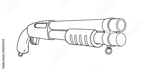 Vector linear sketch of a pump action shotgun. Vector illustration in doodle style. Shortened tactical shotgun.