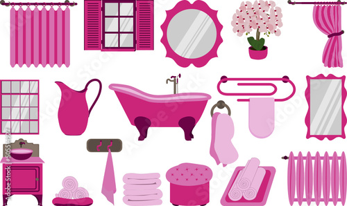 Set of bathroom elements in pink color for bathroom interior illustration