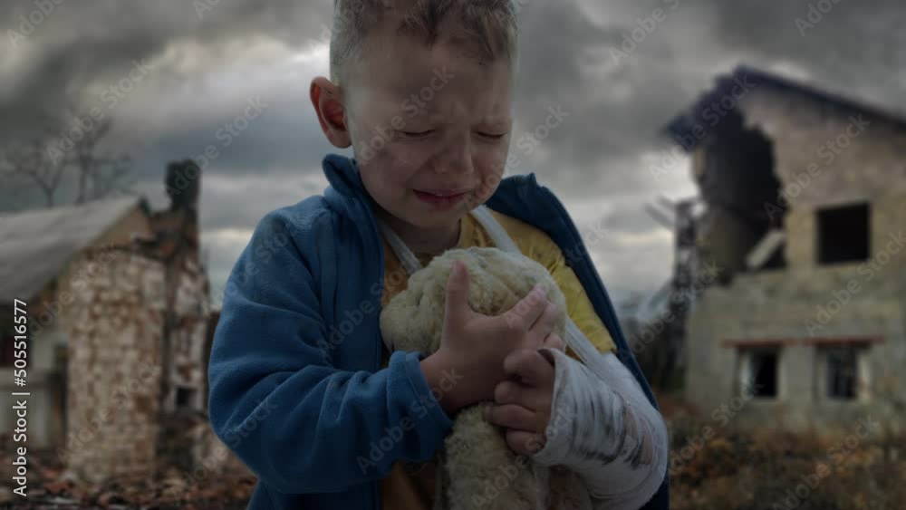 Scared little boy crying. Little Ukrainian patriot. No war with Ukraine.