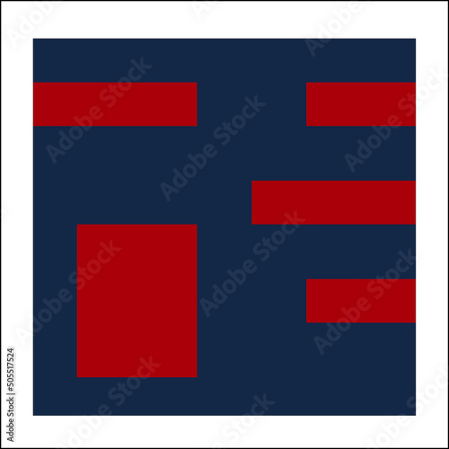Wall frame for a picture or poster. Thin Black frame, painting example. Abstract geometric image, squares and rectangles. Grey-blue and red. Vector illustration