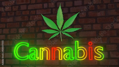 cannabis 3d neon letters with leaf on the wall, animated colors
