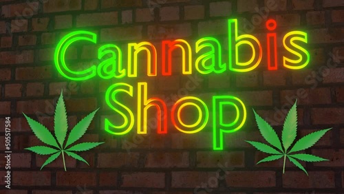 Cannabis shop 3d render, neon sign over brick wall with leaf and animated colors loop