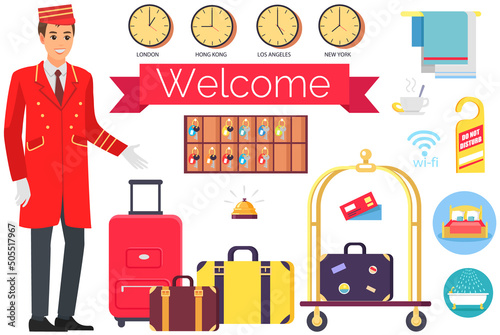 Young man working as bellboy surrounded by hotel symbols. Hotel employee in work clothes. Personnel for carrying luggage and opening doors. Doorkeeper, doorman, receptionist, porter in red uniform