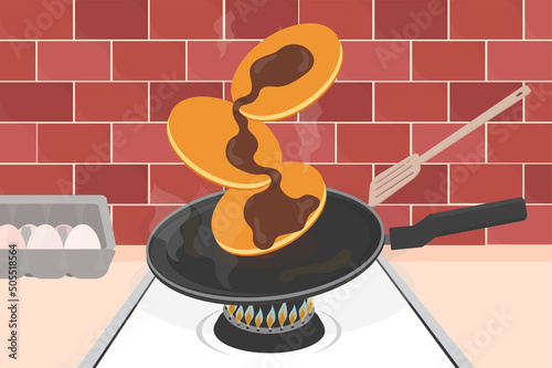 pancake in a frying pan in the kitchen preparing delicious big ones on a butter dish vector illustration