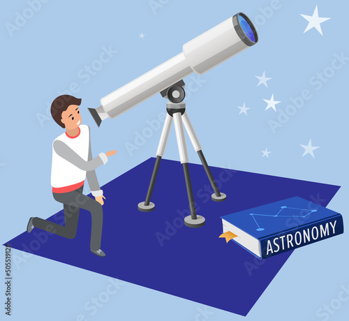 Astronomy science, male character watching on moon and stars at telescope, studying space, cosmos exploration, sputnik, scientific investigation, education. Person studying galaxy, zodiac signs