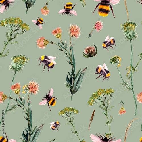 seamless pattern with bumblebee and wild flowers and herbs. Spring, summer trendy print, watercolor. © illustratrice Manu