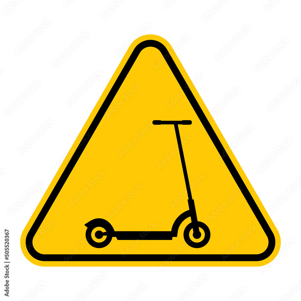 Scooter warning sign. Vector illustration of yellow triangle sign with kick scooter icon inside. Push scooters likely to be on road. Caution symbol isolated on white background. Scooter warning sign. Vector illustration of yellow triangle sign with kick scooter icon inside. Push scooters likely to be on road. Caution symbol isolated on white background.