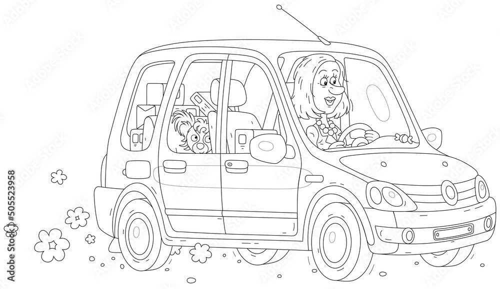 Φωτογραφία Happy girl with her cute lapdog driving a small car full of gift boxes from a sh