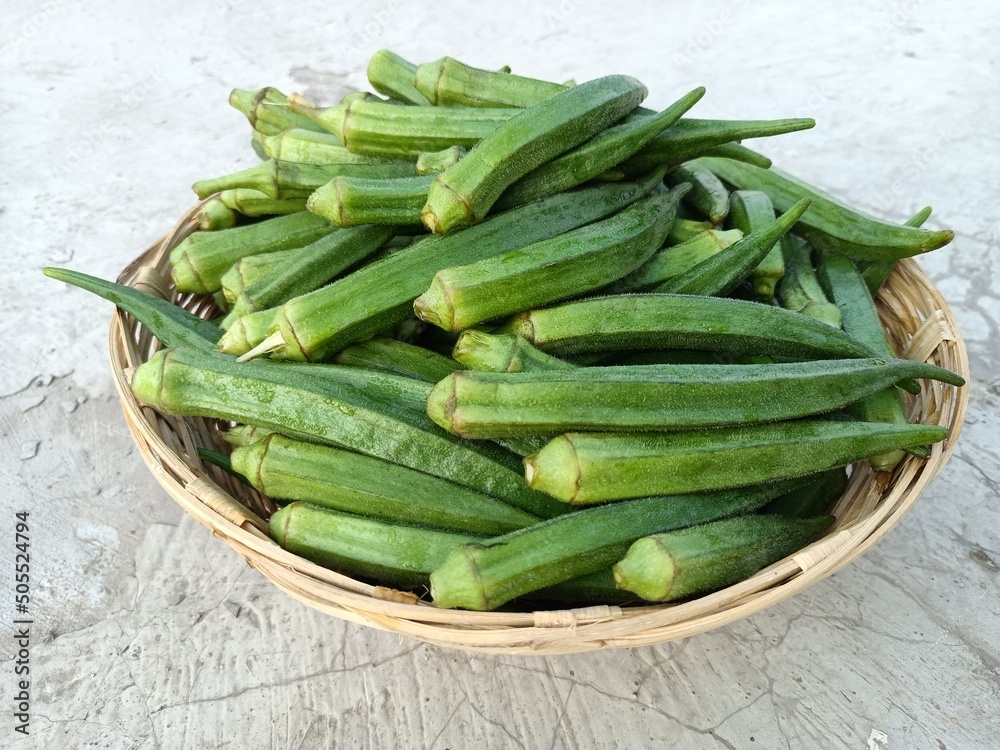 Okra or ladies fingers or bhindi or lady finger in basket Okra or ladies fingers or bhindi or lady finger in basket