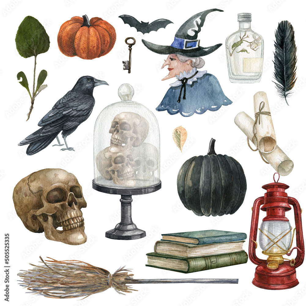 Watercolor Halloween icons.Vintage Victorian Halloween, Halloween ...
