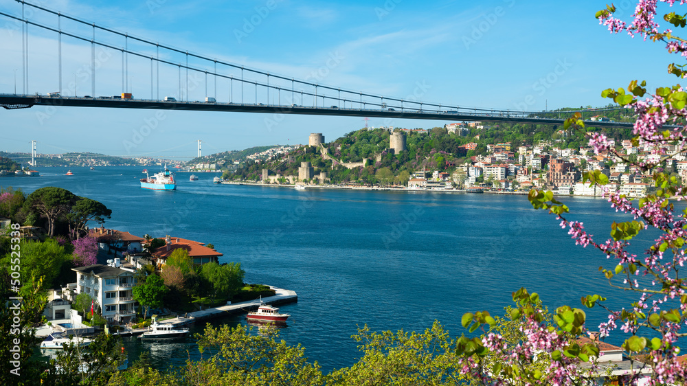 Bosphorus. Bosphorus shores of Istanbul in summer. Near Fatih Sultan Mehmet Bridge. Beykoz - Turkey 