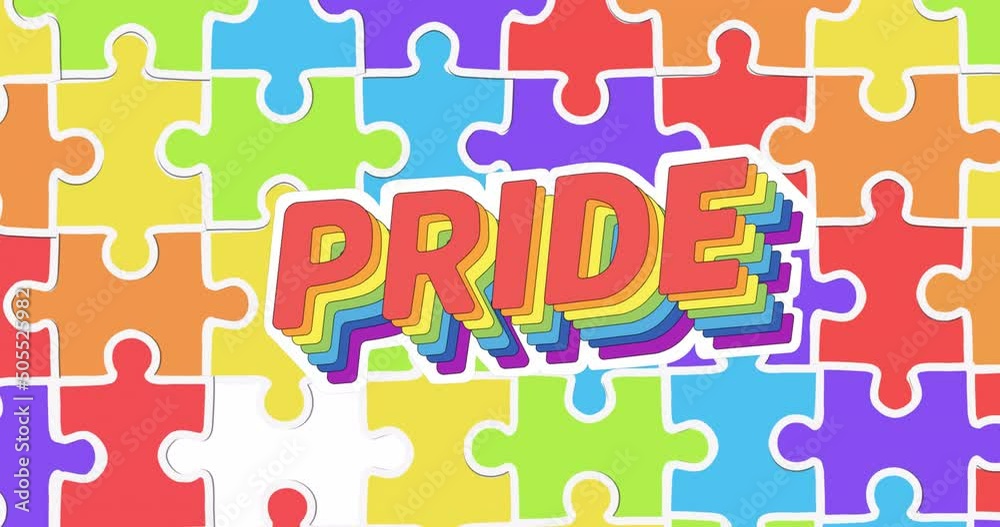 Animation of pride text over rainbow puzzle Animation of pride text over rainbow puzzle