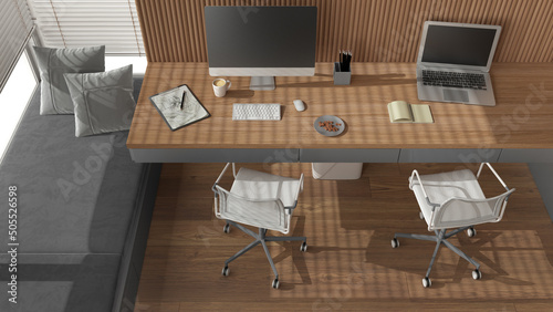 Smart working, gray and wooden corner office, desk with chairs, computers and accessories. Big window with bench with pillow, parquet floor, Top view, above. Interior design