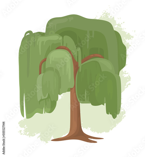 Vector one big tree on light green abstract paint blots background. Flat illustration of weeping willow with long curved branches and dense leaves canopy. Decorative element for summer layouts design.