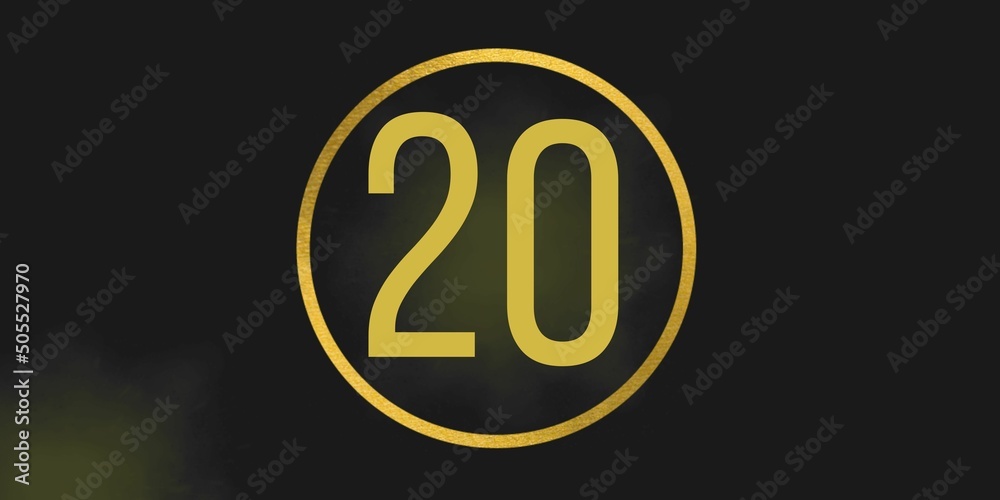 Number 20. Banner with the number twenty on a black background and gold details with a circle gold in the middle Number 20. Banner with the number twenty on a black background and gold details with a circle gold in the middle
