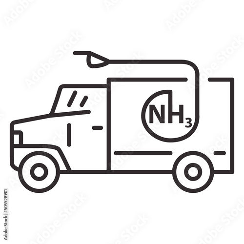 Ammoniac gas fuel truck.Transport uses NH3. Automobiles with ammoniac motor.Clean transportation concept.Outline vector illustration. Isolated on white background.